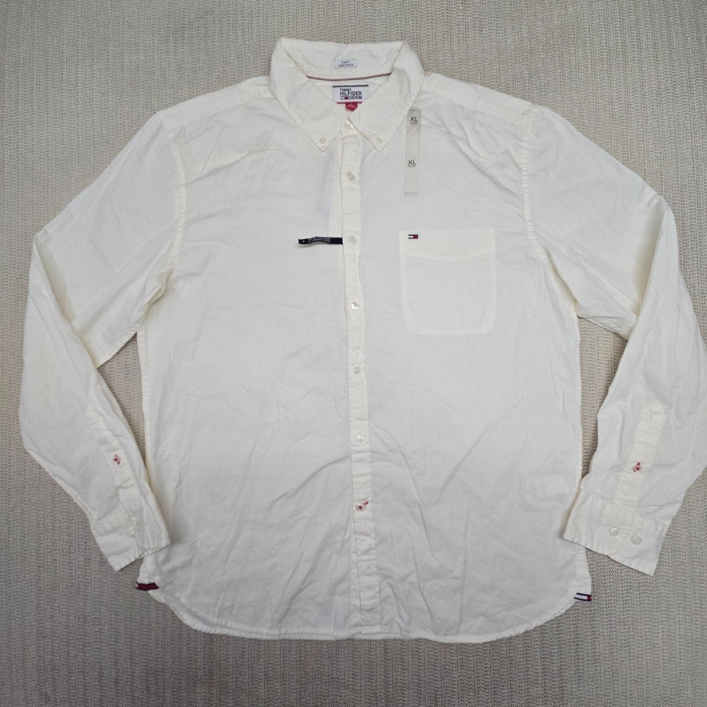 Tommy Hilfiger Jeans No-Tuck Shirt Mens XL Button Up Down White Long Sleeve